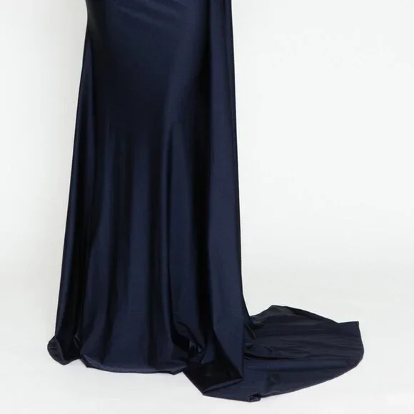 NEW NAVY LONG ONE SHOULDER FOR SPECIAL OCCASION GOWN WITH ZIPPER BACK AC387